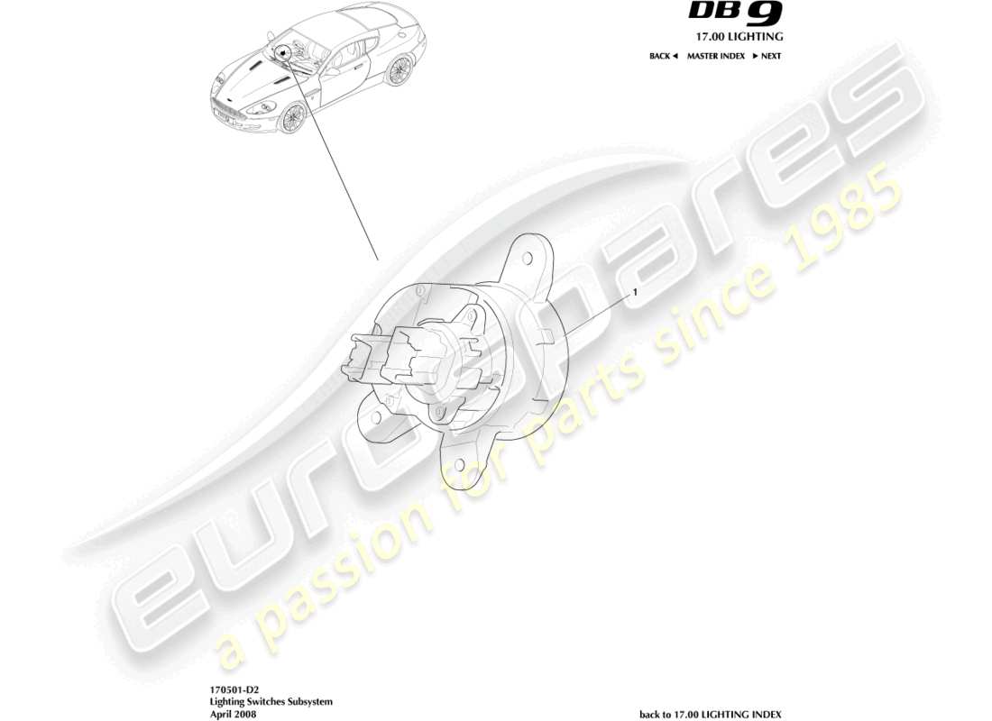 aston martin db9 (2009) lighting switch part diagram