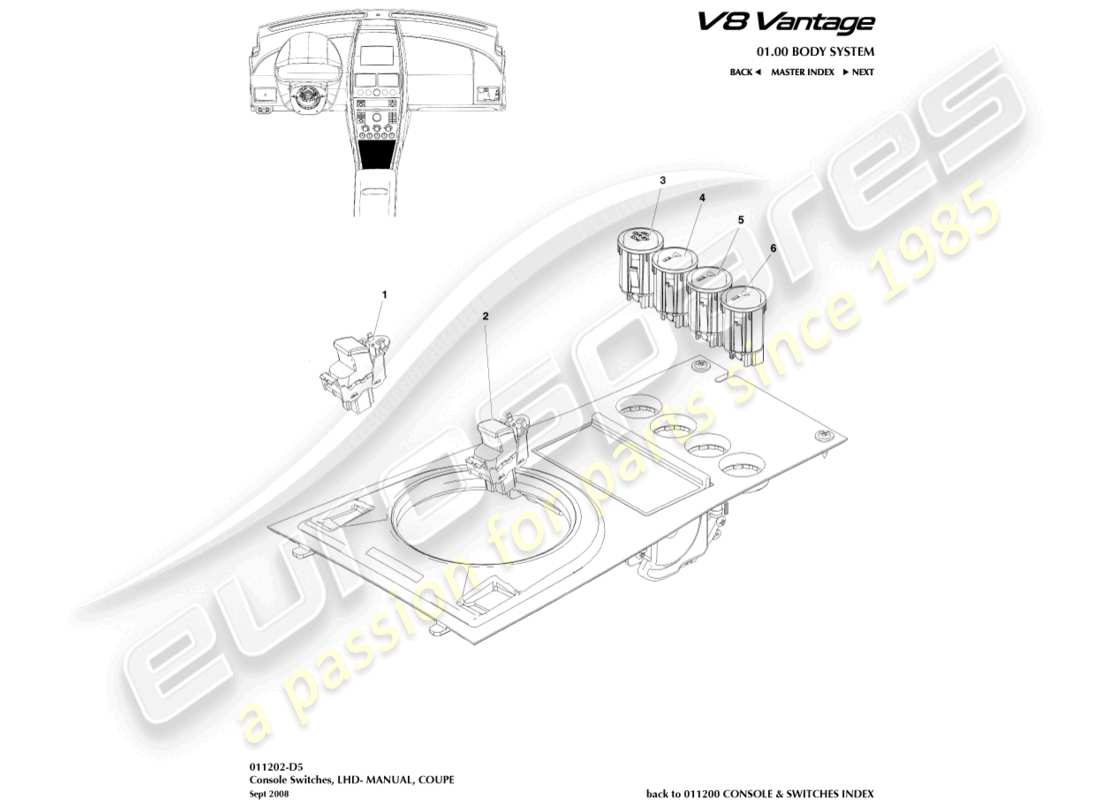 aston martin v8 vantage (2015) console switches, coupe, lhd part diagram