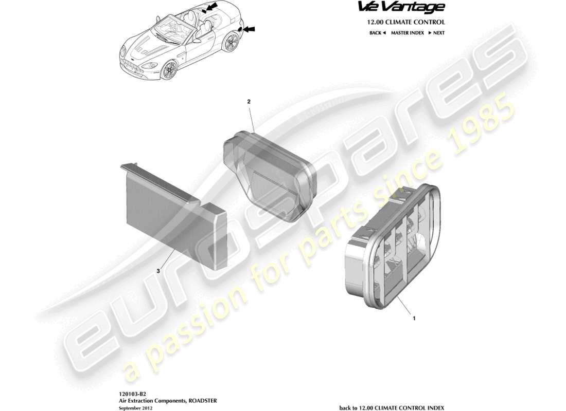 aston martin v12 vantage (2012) air extraction components, roadster part diagram