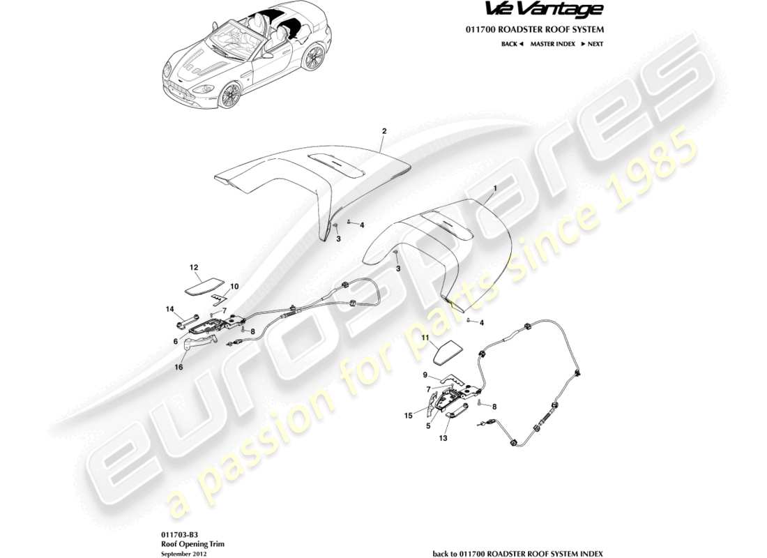 aston martin v12 vantage (2012) roof opening trim part diagram