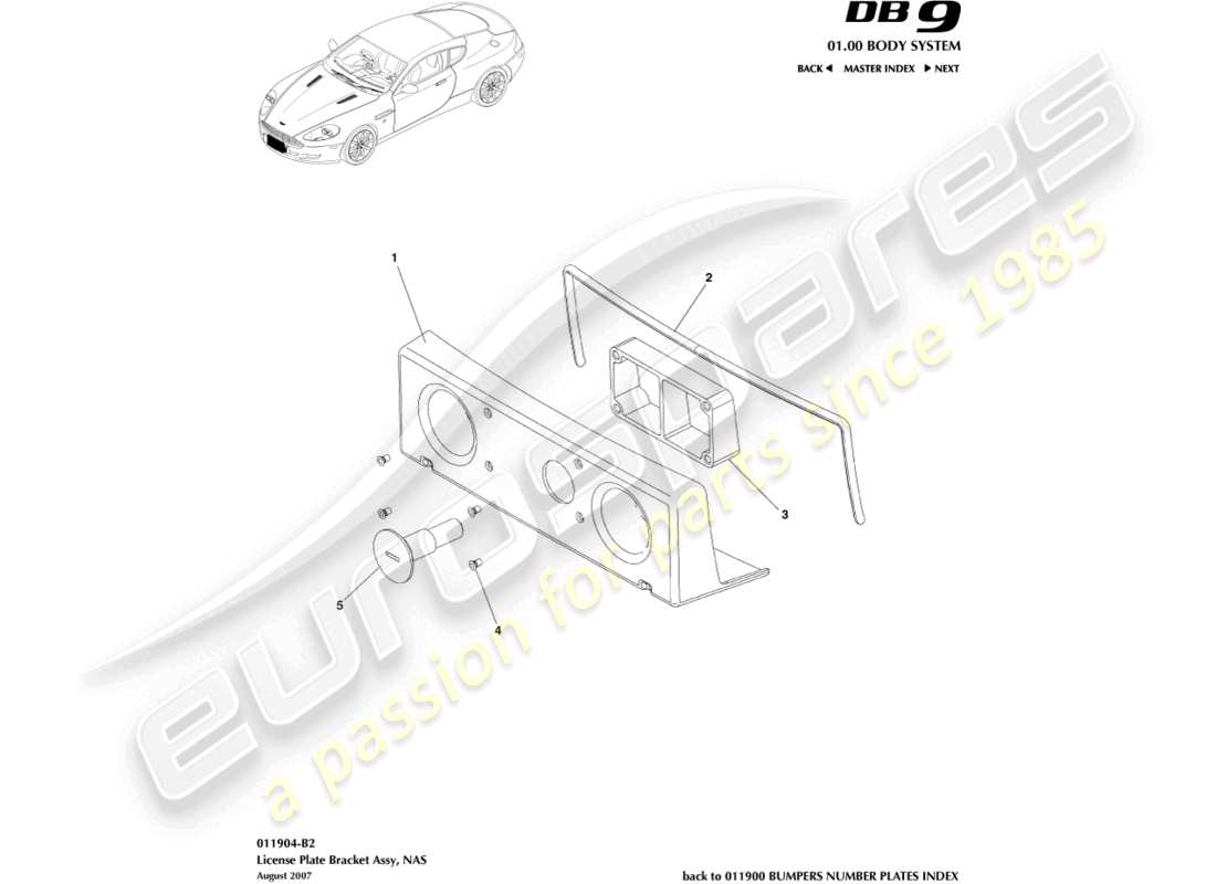 aston martin db9 (2011) license plate brackets, nas part diagram