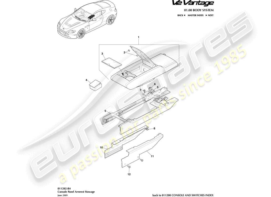 aston martin v12 vantage (2012) centre console with armrest part diagram