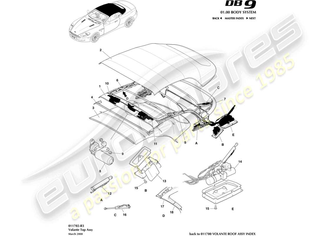 aston martin db9 (2009) volante roof assembly part diagram