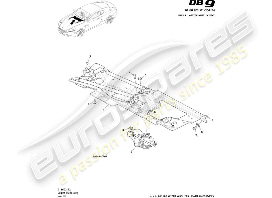 aston martin db9 (2010) wiper linkage assembly part diagram