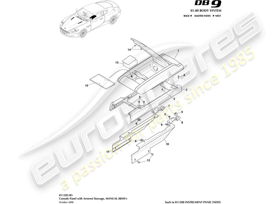 aston martin db9 (2011) centre console, manual, 08my part diagram