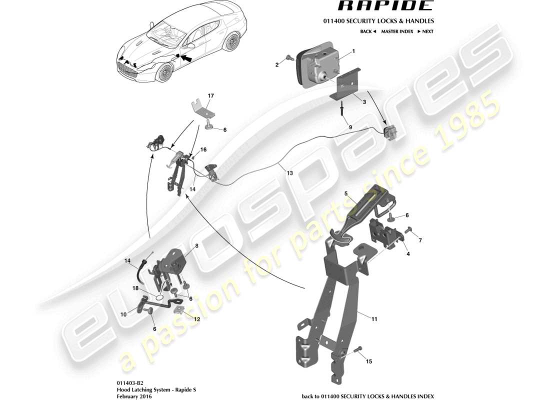 aston martin rapide (2010) hood latch system, s part diagram