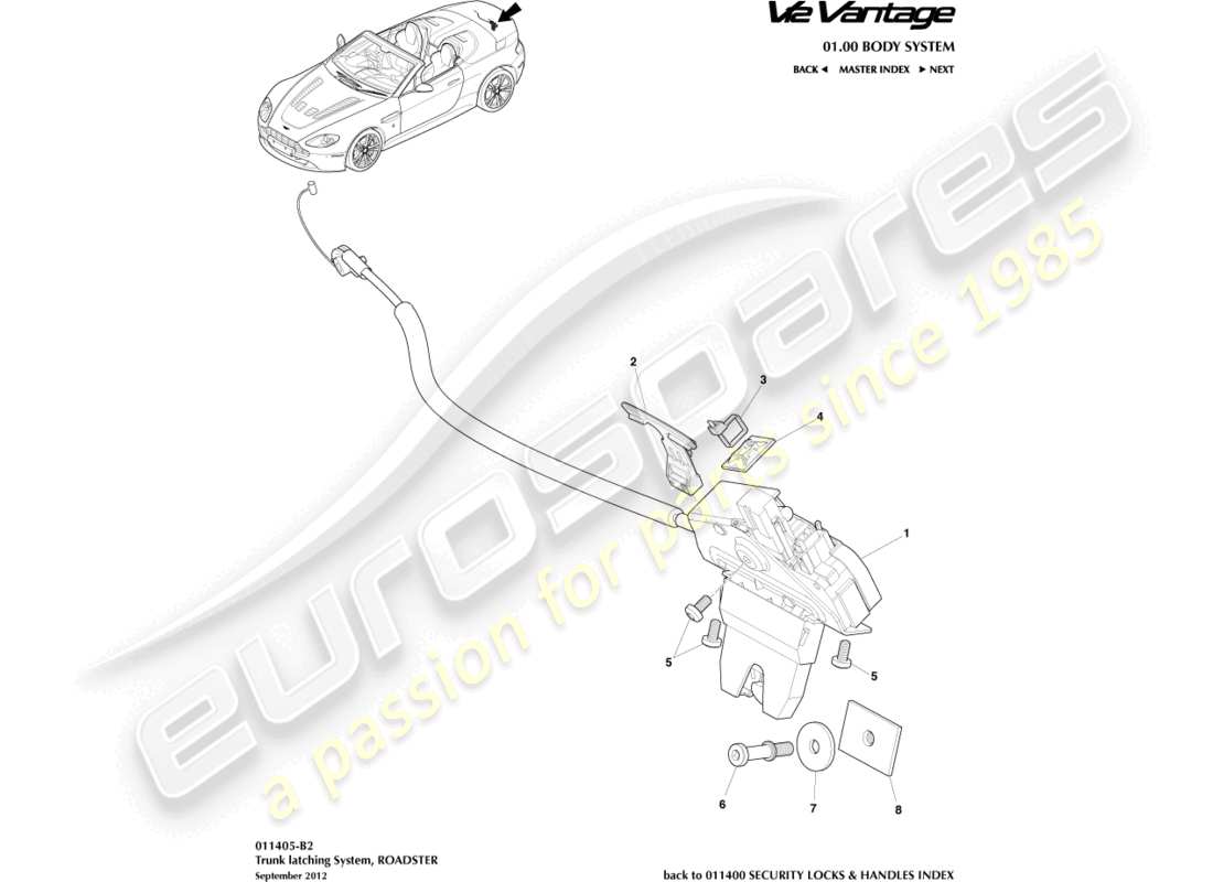 aston martin v12 vantage (2012) trunk latch system, roadster part diagram