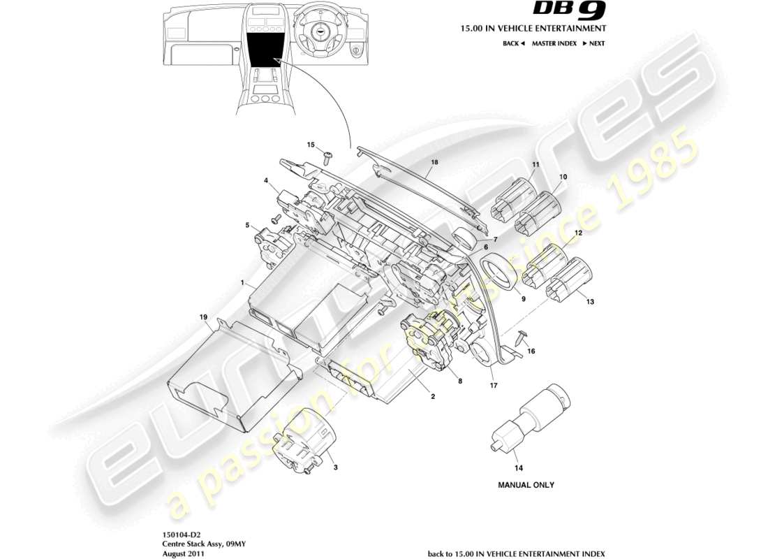 aston martin db9 (2004) centre stack, 09my part diagram