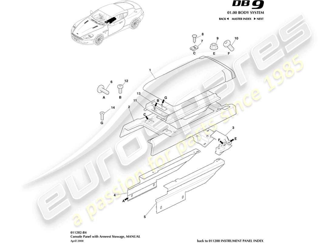 aston martin db9 (2010) centre console, manual part diagram