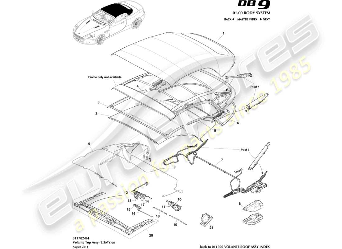 aston martin db9 (2004) volante roof assembly, 9.5my on part diagram