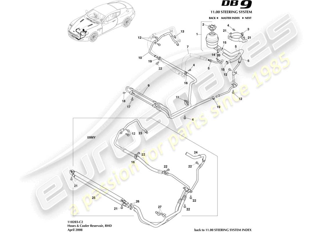 aston martin db9 (2009) cooler, hoses & reservoir, rhd part diagram