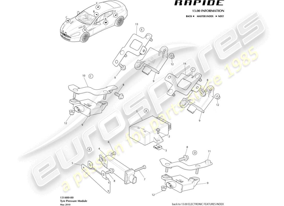 aston martin rapide (2010) tyre pressure module part diagram