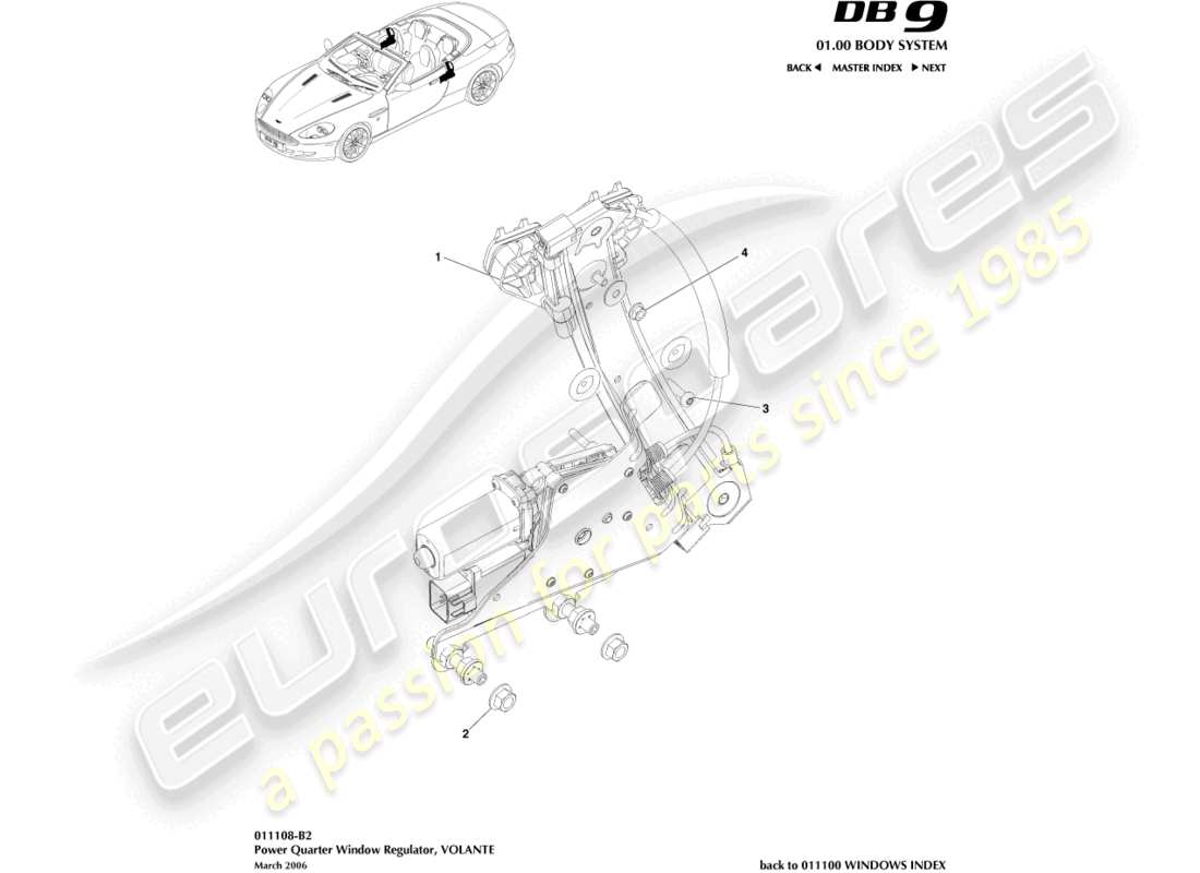 aston martin db9 (2009) rear quarter regulators, volante part diagram