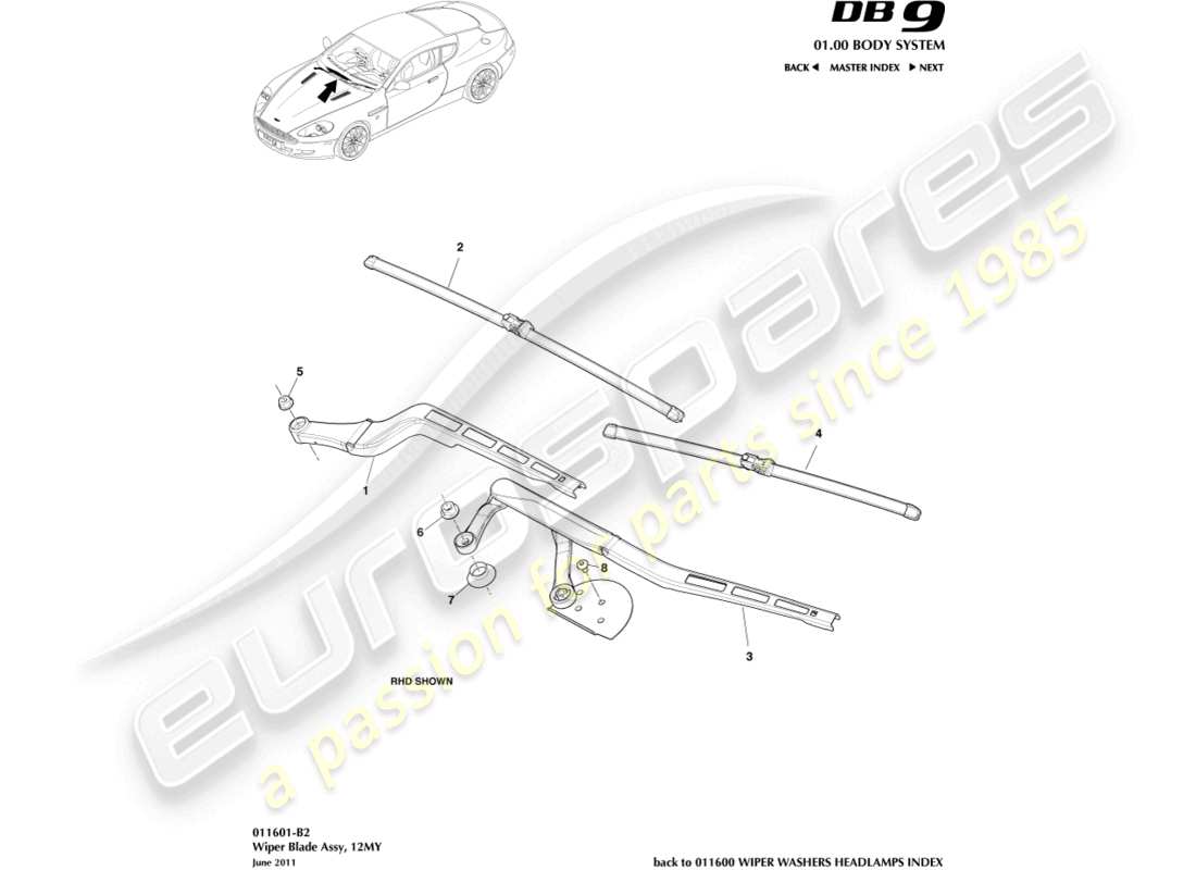 aston martin db9 (2011) wiper blade assembly, 12my part diagram