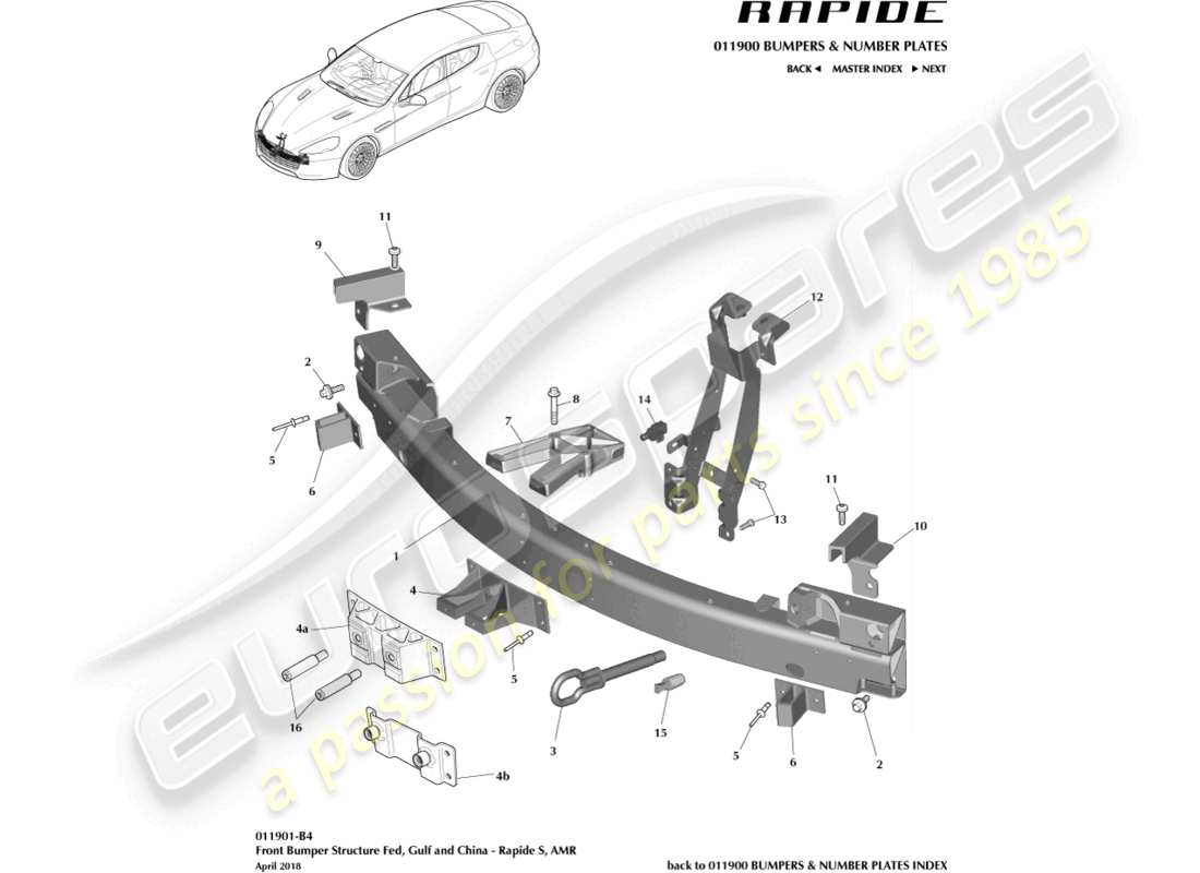 aston martin rapide (2014) front bumper structure, s fed, gcc, china part diagram