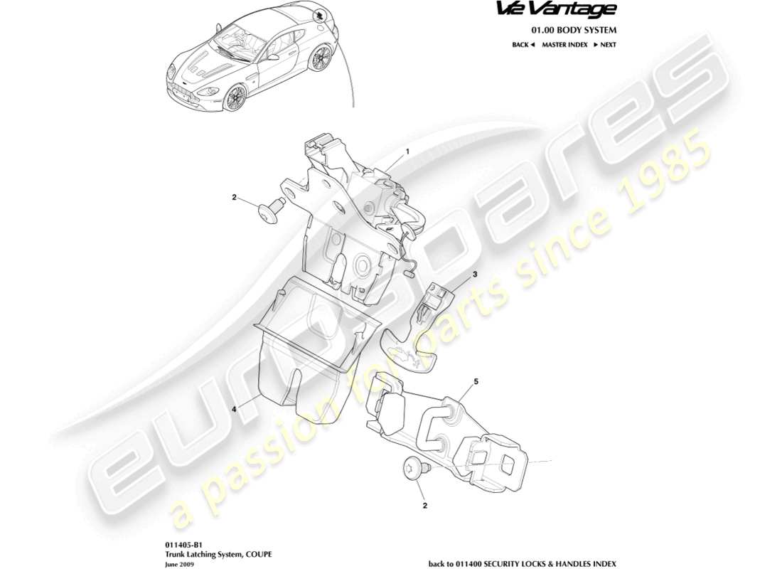 aston martin v12 vantage (2011) trunk latch system, coupe part diagram