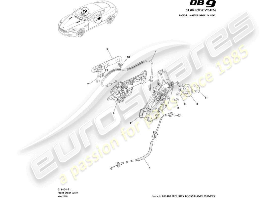 aston martin db9 (2010) front door latch part diagram