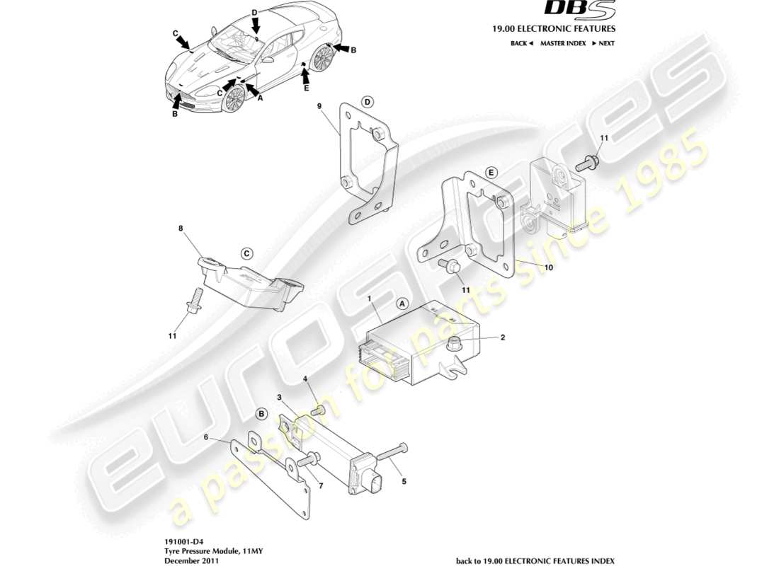 aston martin dbs (2013) tyre pressure module, 11my part diagram