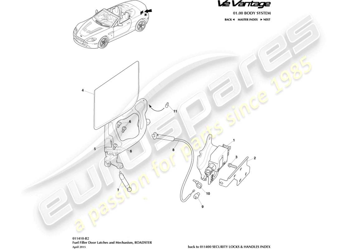aston martin v12 vantage (2011) fuel filler mechanism, roadster part diagram