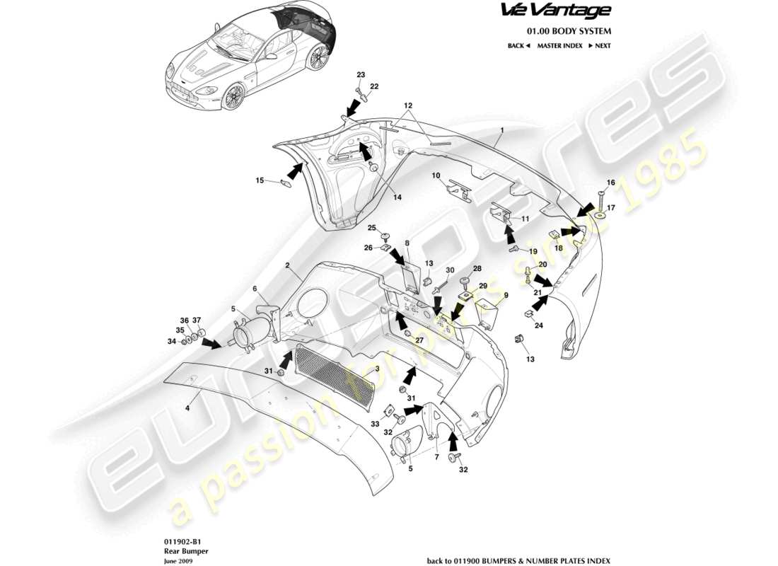 aston martin v12 vantage (2012) rear bumper part diagram
