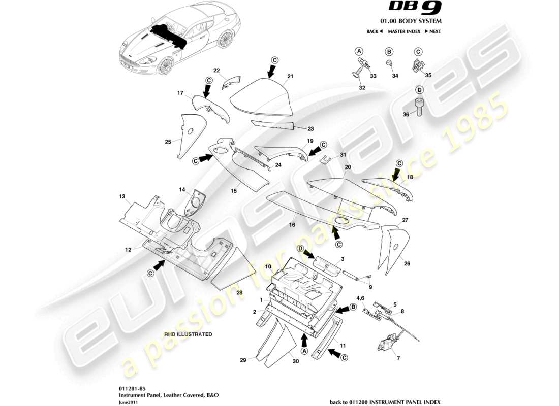 aston martin db9 (2008) instrument panel, leather, b&o parts diagram