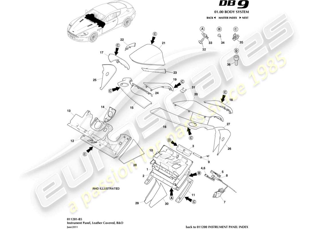 aston martin db9 (2008) instrument panel, leather, b&o part diagram