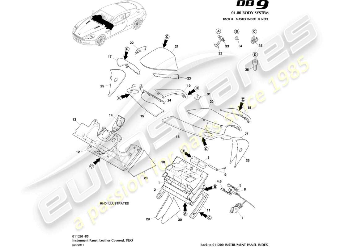 aston martin db9 (2007) instrument panel, leather, b&o part diagram