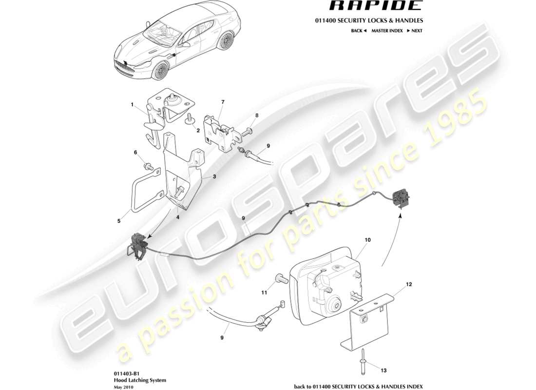 aston martin rapide (2014) hood latch system part diagram