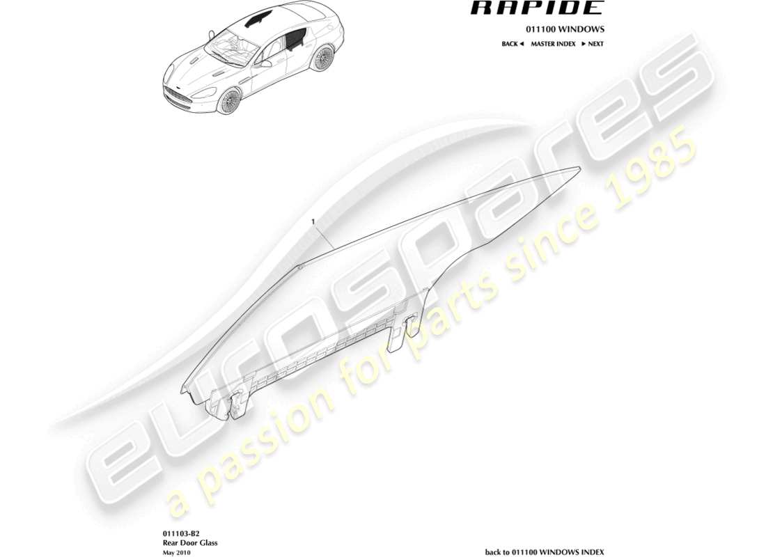 aston martin rapide (2010) rear door glass part diagram