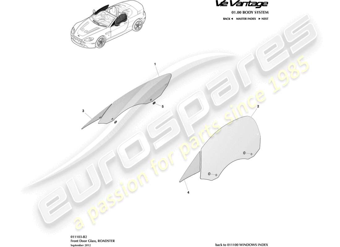 aston martin v12 vantage (2012) door glass, roadster part diagram