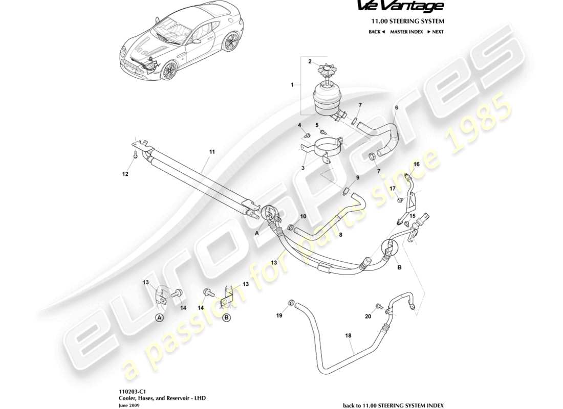 aston martin v12 vantage (2012) cooler, hoses & reservoir, lhd part diagram