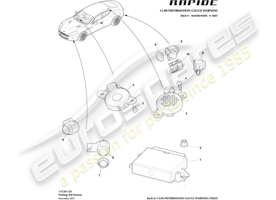 aston martin rapide (2010) parking aid sensors part diagram