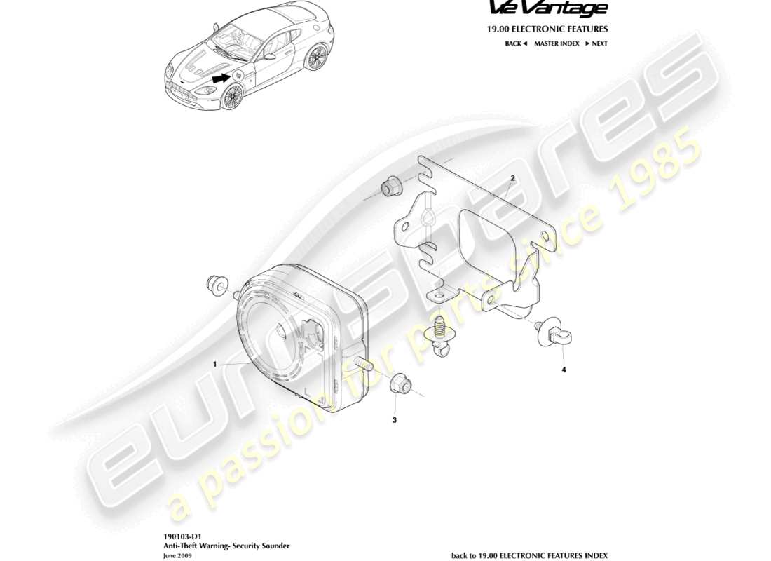 aston martin v12 vantage (2010) security sounder part diagram