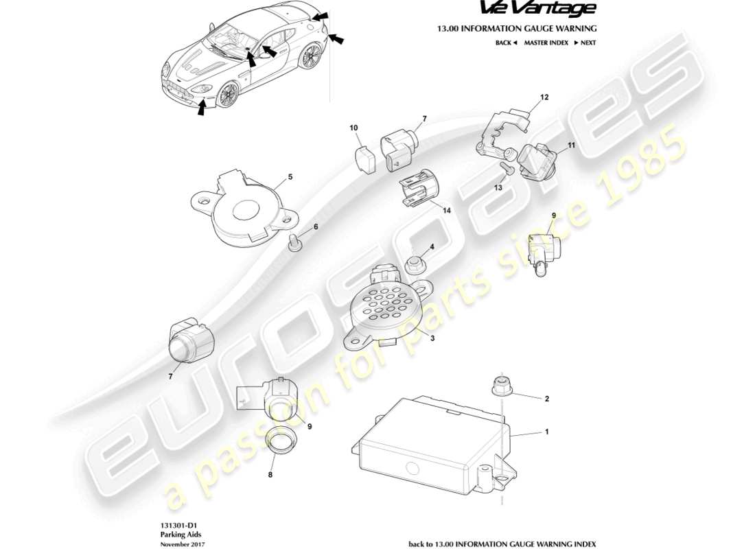 aston martin v12 vantage (2012) parking aid sensors part diagram
