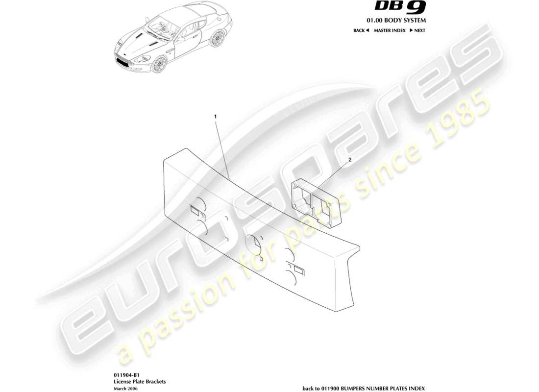 aston martin db9 (2011) license plate brackets part diagram