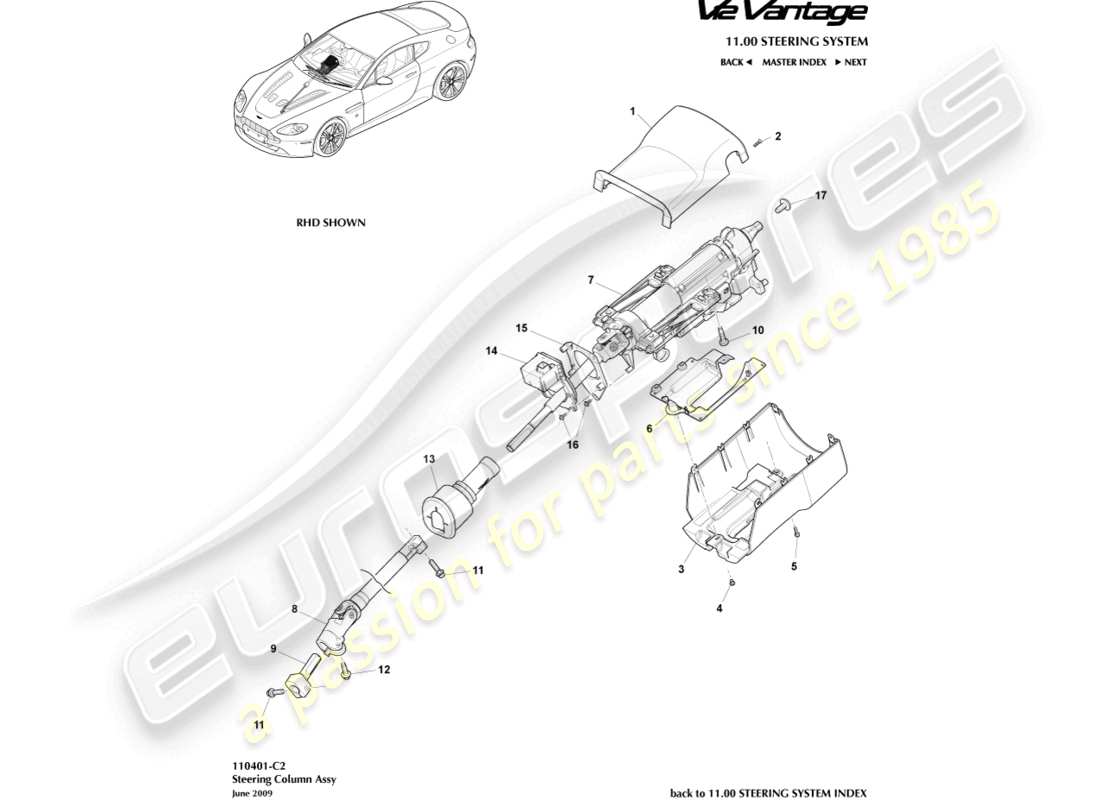 aston martin v12 vantage (2012) steering column assembly part diagram