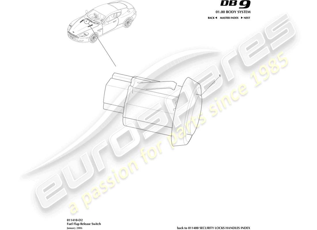 aston martin db9 (2008) fuel filler release switch part diagram