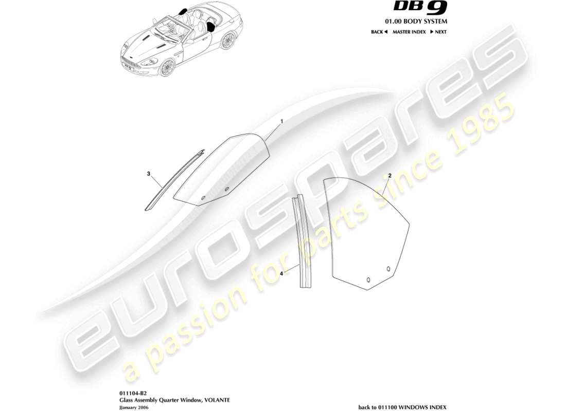 aston martin db9 (2010) rear quarter glass, volante part diagram