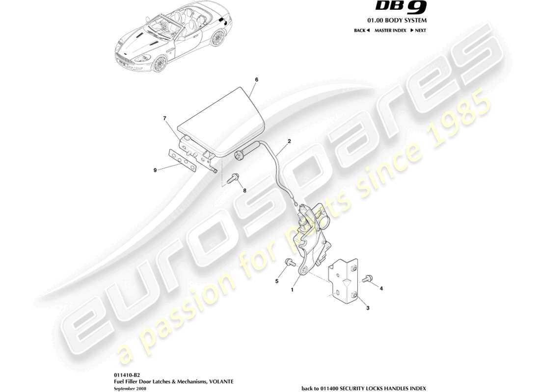 aston martin db9 (2010) fuel filler mechanism, volante part diagram