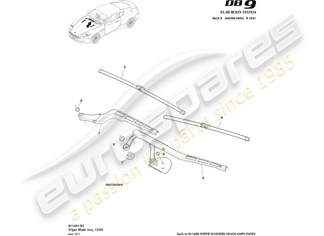 aston martin db9 (2006) wiper blade assembly, 12my part diagram