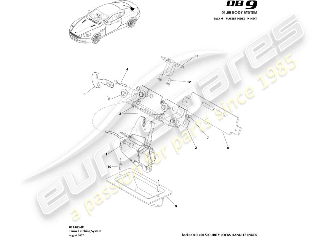 aston martin db9 (2004) trunk latch system part diagram