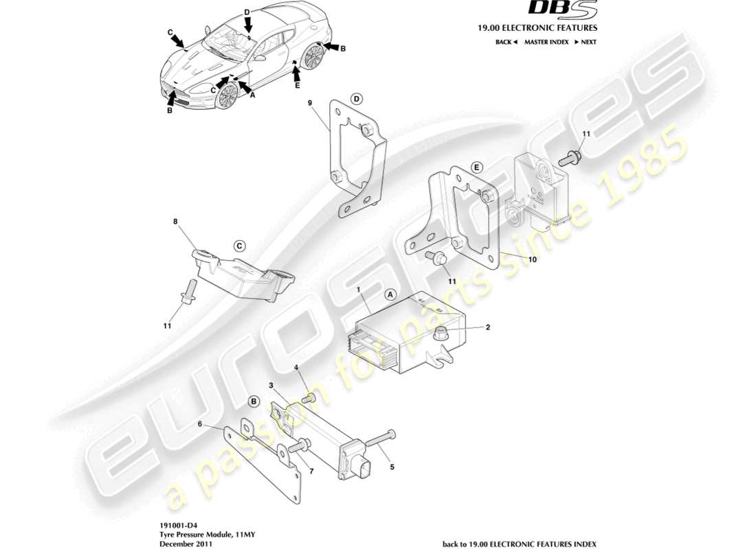 aston martin dbs (2010) tyre pressure module, 11my part diagram