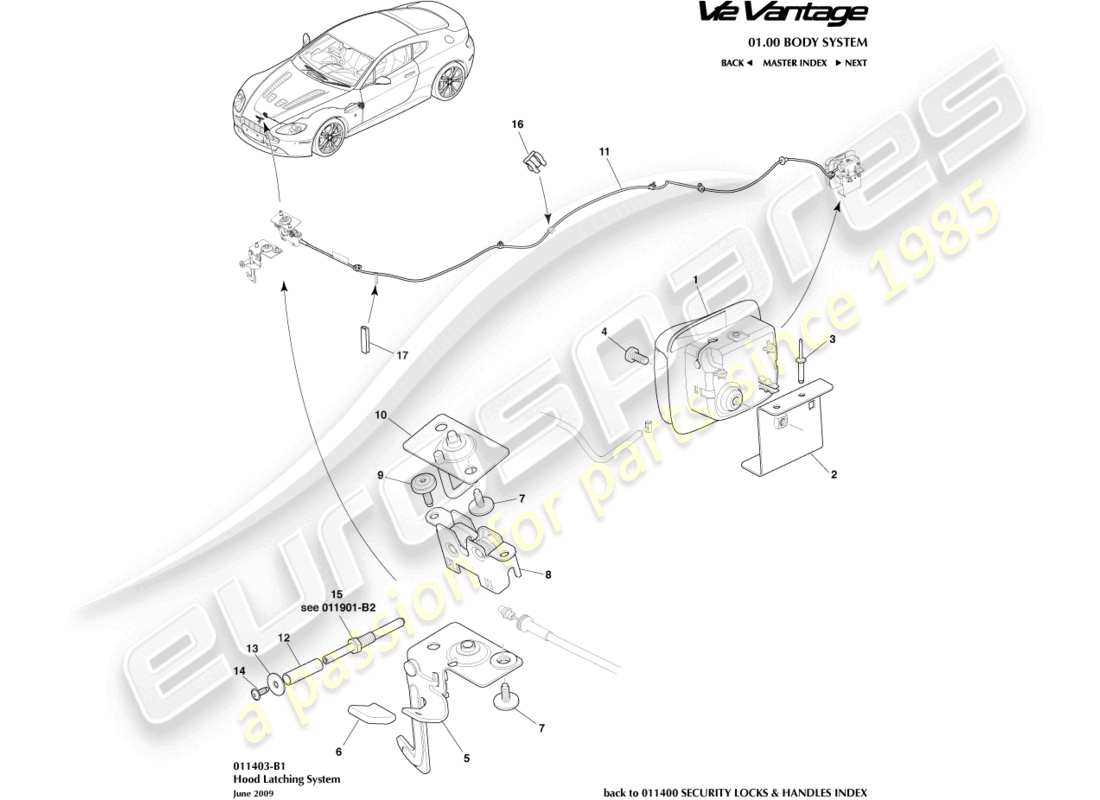 aston martin v12 vantage (2012) hood latch system part diagram