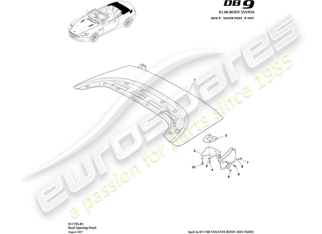 aston martin db9 (2009) roof opening panel part diagram