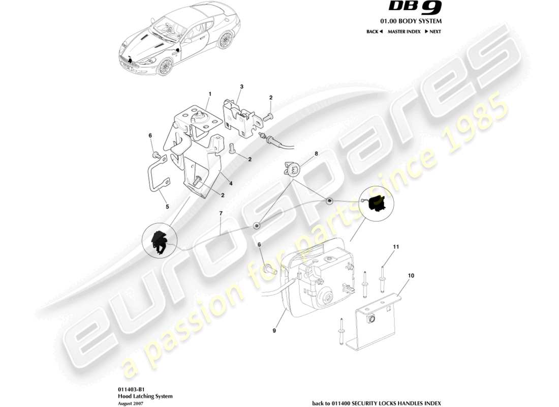 aston martin db9 (2004) hood latch system part diagram