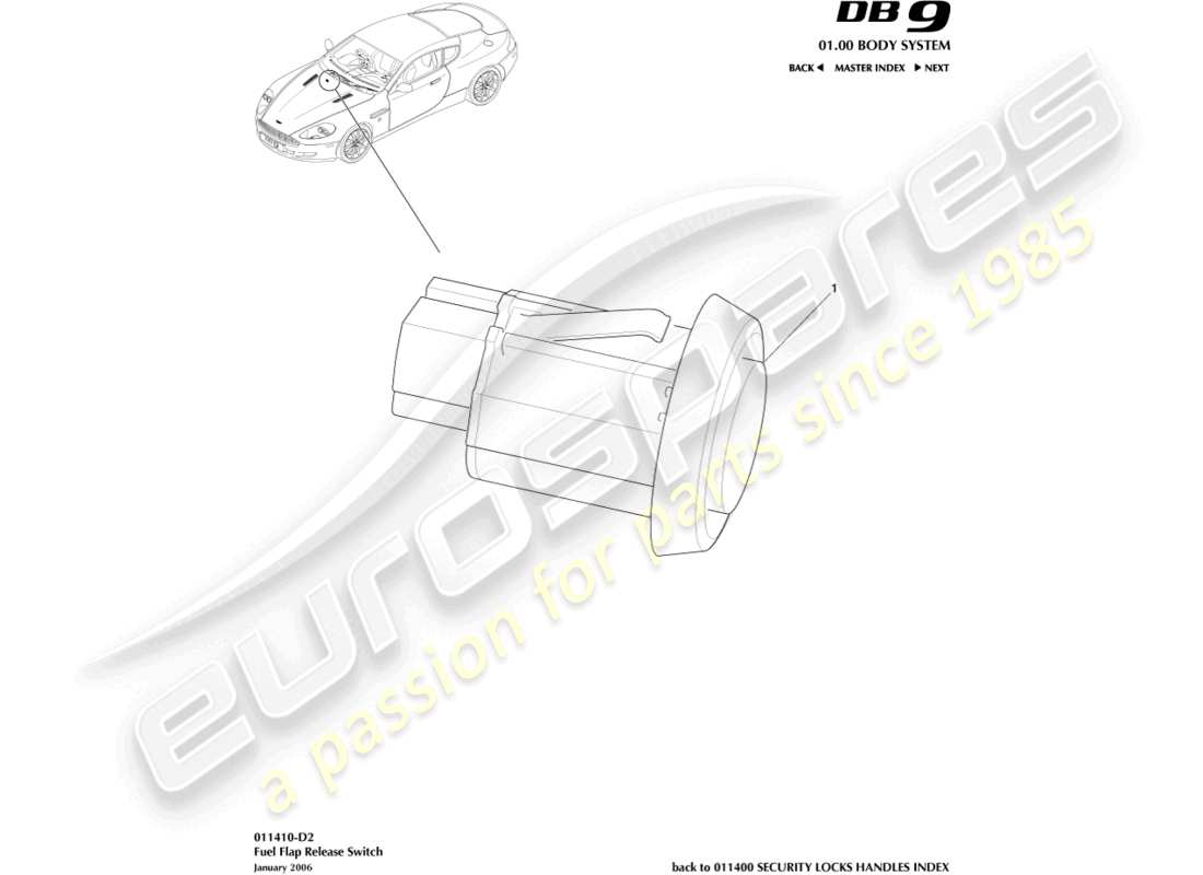 aston martin db9 (2005) fuel filler release switch part diagram