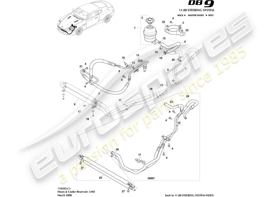 aston martin db9 (2010) cooler, hoses & reservir, lhd part diagram