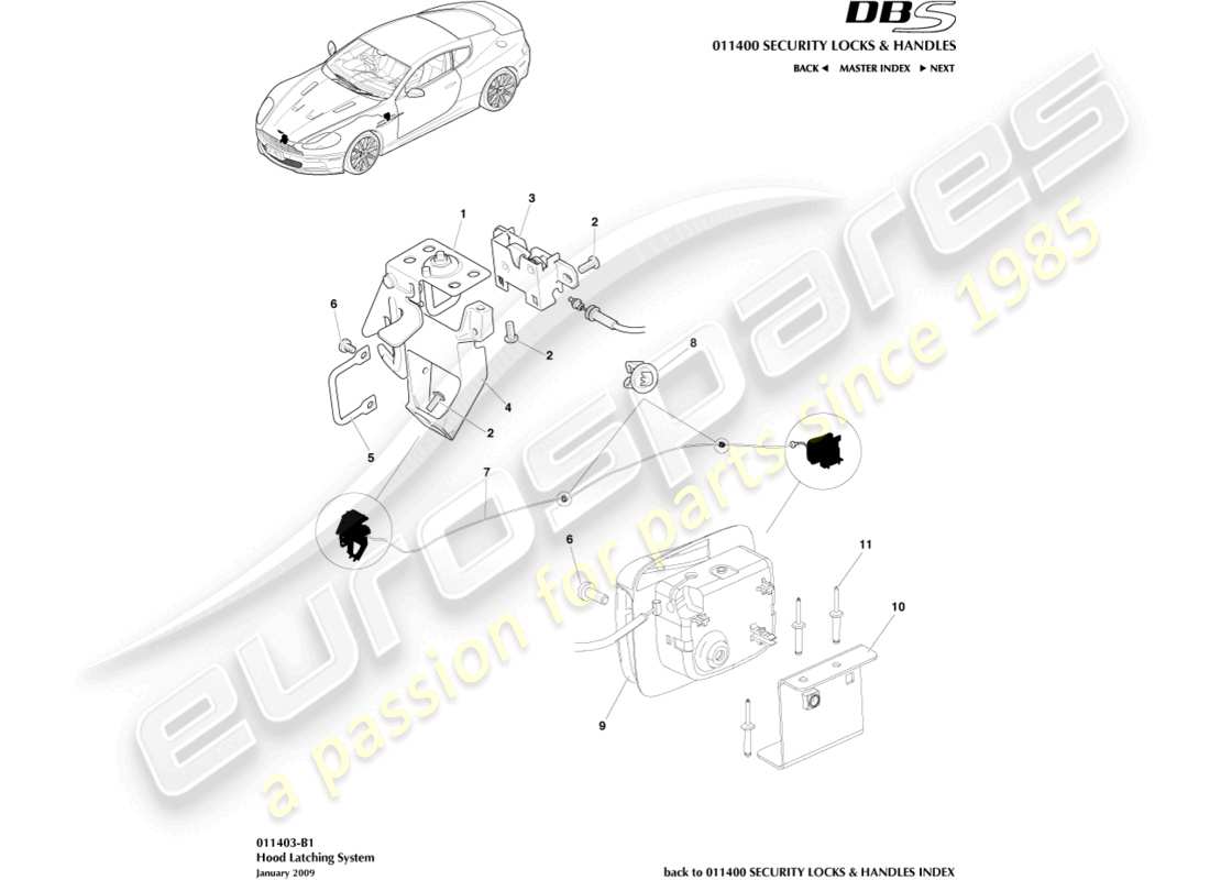 aston martin dbs (2009) hood latch system part diagram