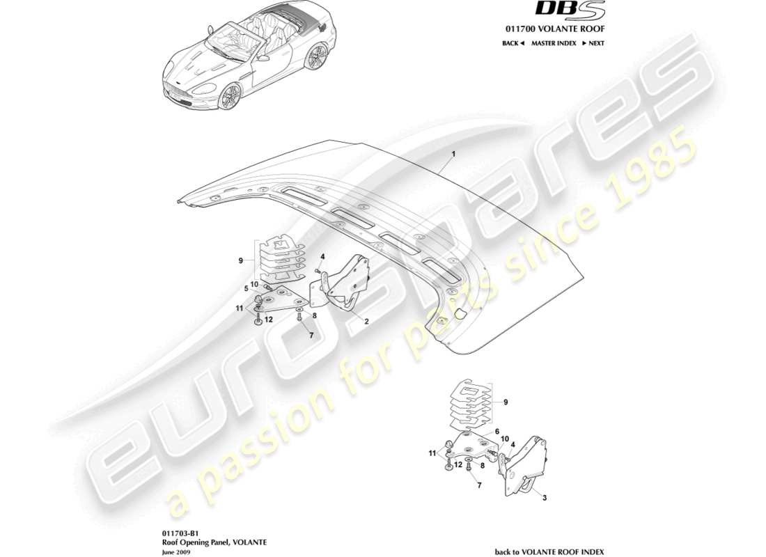 aston martin dbs (2009) roof opening panel part diagram