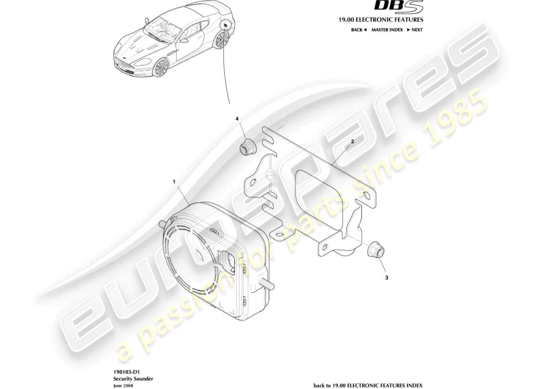 aston martin dbs (2009) security sounder part diagram